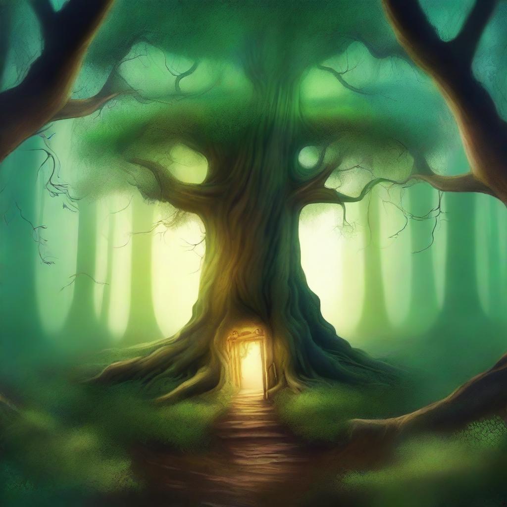 Create a captivating book cover featuring a mystical forest with towering ancient trees, a hidden path leading to a glowing portal, and a sense of magical adventure