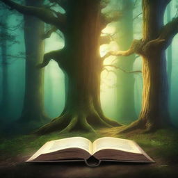 Create a captivating book cover featuring a mystical forest with towering ancient trees, a hidden path leading to a glowing portal, and a sense of magical adventure