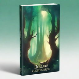 Create a captivating book cover featuring a mystical forest with towering ancient trees, a hidden path leading to a glowing portal, and a sense of magical adventure