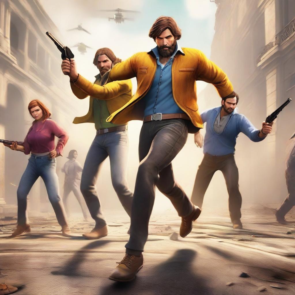 A dynamic and action-packed scene from the game Free Fire, featuring characters in intense combat, with vibrant and detailed backgrounds, showcasing the thrilling atmosphere of the game