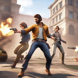 A dynamic and action-packed scene from the game Free Fire, featuring characters in intense combat, with vibrant and detailed backgrounds, showcasing the thrilling atmosphere of the game