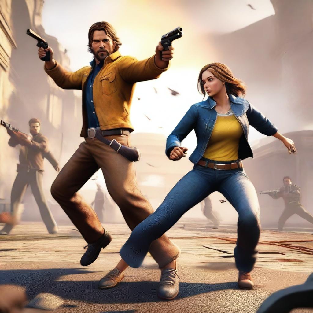 A dynamic and action-packed scene from the game Free Fire, featuring characters in intense combat, with vibrant and detailed backgrounds, showcasing the thrilling atmosphere of the game