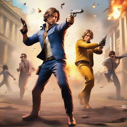 An action-packed scene from the popular video game 'Free Fire', featuring characters in intense combat