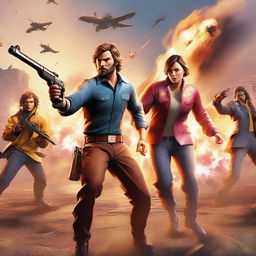 An action-packed scene from the popular video game 'Free Fire', featuring characters in intense combat