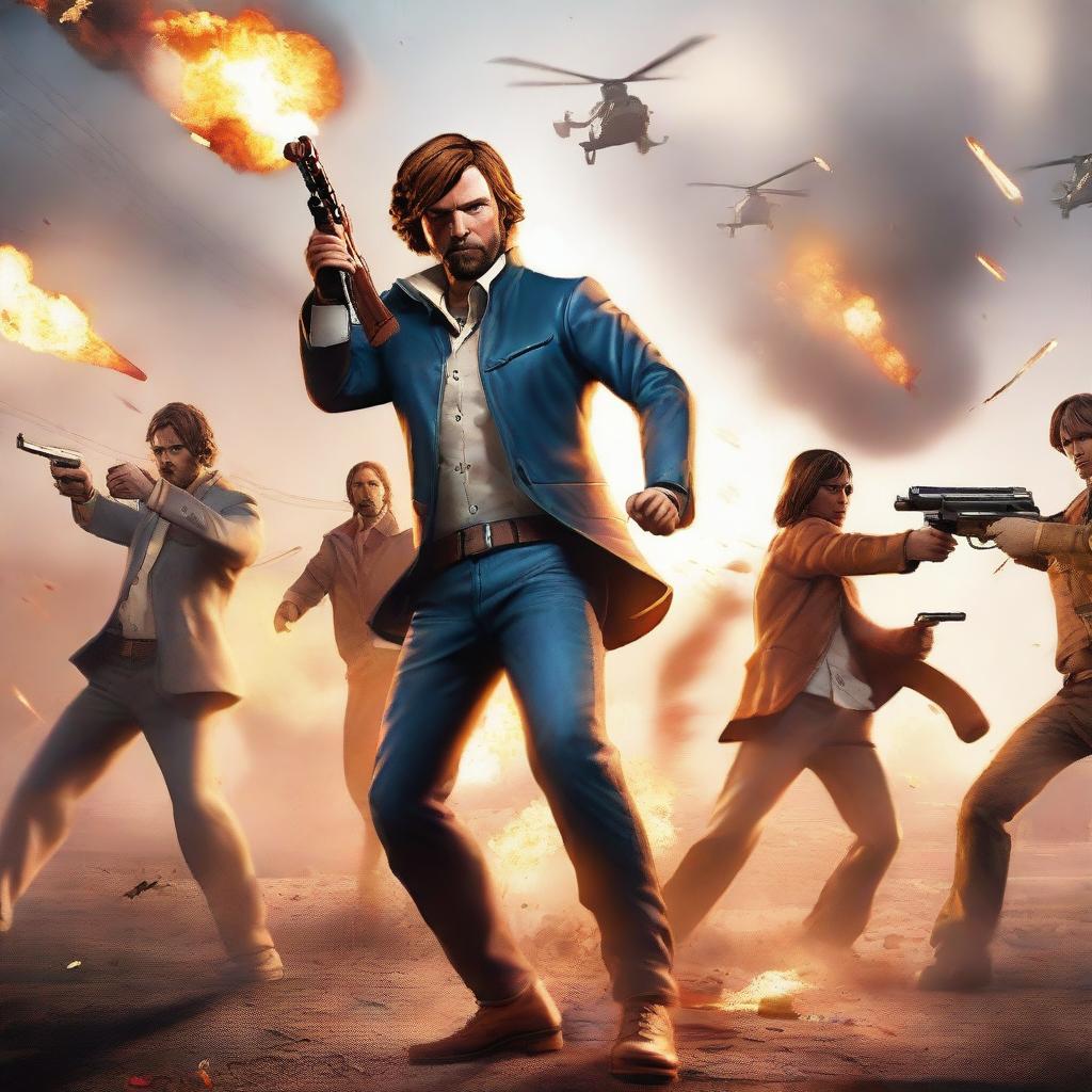 An action-packed scene from the popular video game 'Free Fire', featuring characters in intense combat