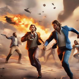 An action-packed scene from the popular video game 'Free Fire', featuring characters in intense combat