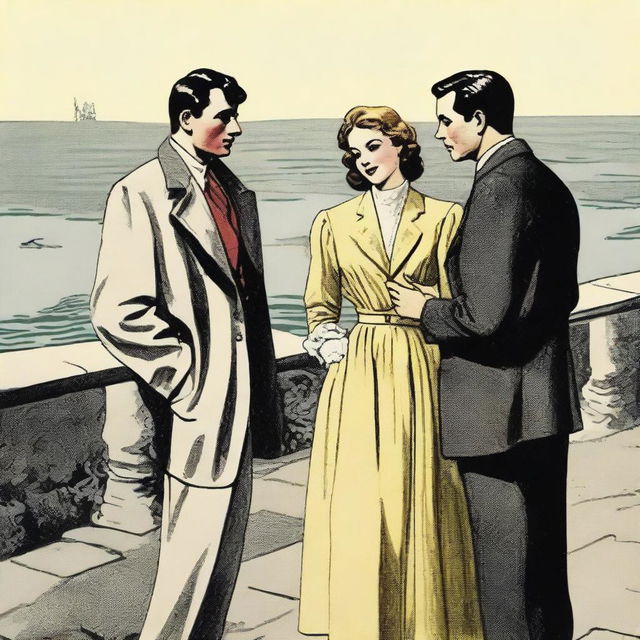 A scene from the viewpoint of a male onlooker watching a young woman with her new lover