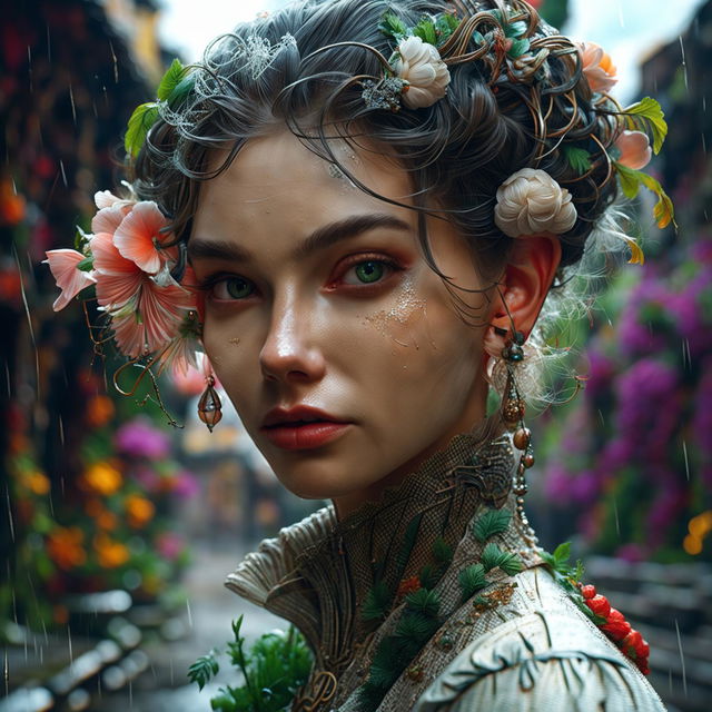 Intense close-up of a Russian elfish woman's intricately detailed face in a hyper-realistic 3D photograph. She's in a rococo gown in a vibrant, mystical Russian town on a rainy day.