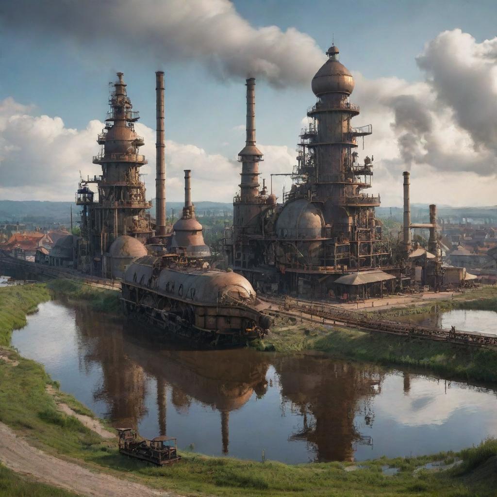 A riveting depiction of Belarus with a steampunk makeover, showcasing Minsk cityscape interwoven with ironworks and steam-powered innovations, the Polesian wetlands inhabited by mechanical wildlife, and the countryside enhanced with steam-driven agritech.