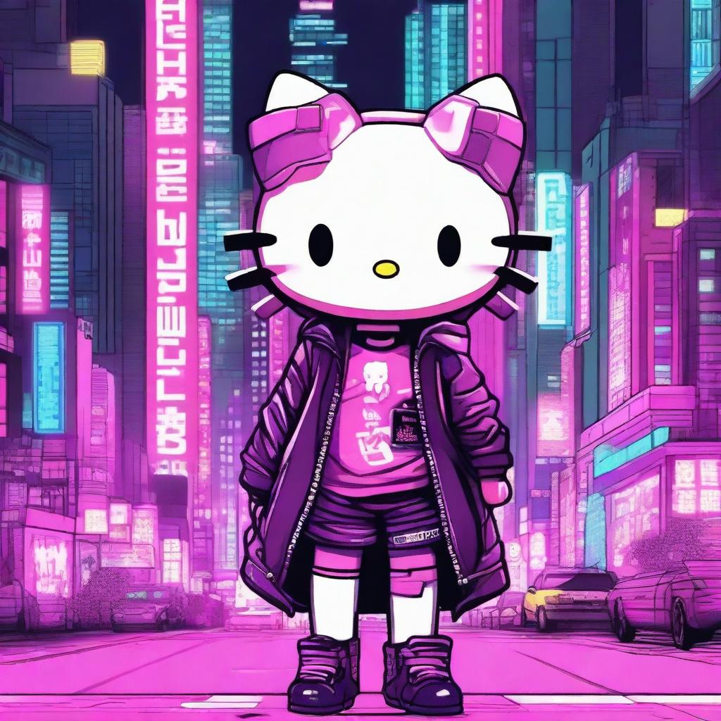 A cyberpunk version of Hello Kitty, featuring neon lights, futuristic cityscape in the background, and Hello Kitty wearing a sleek, high-tech outfit with glowing accents