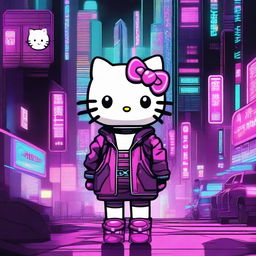 A cyberpunk version of Hello Kitty, featuring neon lights, futuristic cityscape in the background, and Hello Kitty wearing a sleek, high-tech outfit with glowing accents