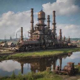 A riveting depiction of Belarus with a steampunk makeover, showcasing Minsk cityscape interwoven with ironworks and steam-powered innovations, the Polesian wetlands inhabited by mechanical wildlife, and the countryside enhanced with steam-driven agritech.