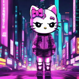 A cyberpunk version of Hello Kitty, featuring neon lights, futuristic cityscape in the background, and Hello Kitty wearing a sleek, high-tech outfit with glowing accents