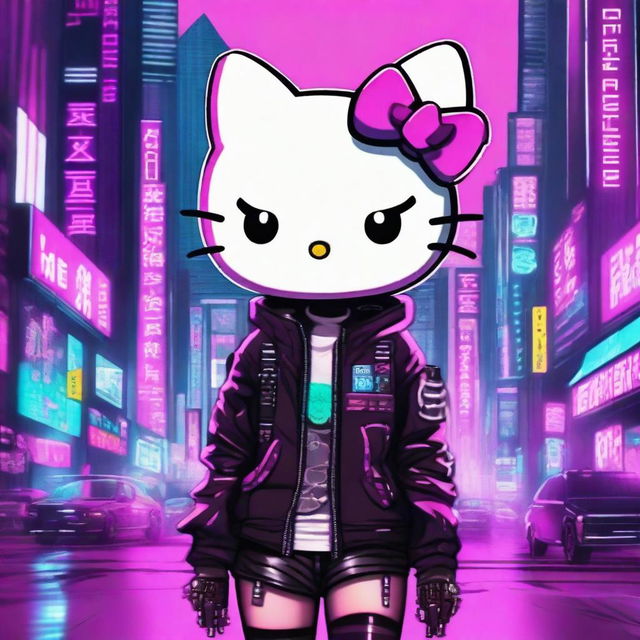 A cyberpunk version of Hello Kitty, featuring neon lights, futuristic cityscape in the background, and Hello Kitty wearing a sleek, high-tech outfit with glowing accents