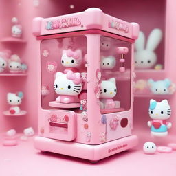 A pink kawaii claw machine filled with Sanrio characters like Hello Kitty, My Melody, and Cinnamoroll