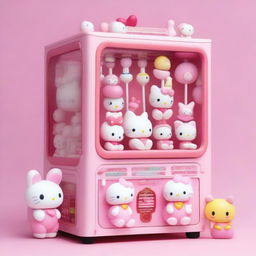 A pink kawaii claw machine filled with Sanrio characters like Hello Kitty, My Melody, and Cinnamoroll