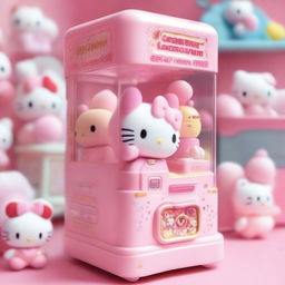 A pink kawaii claw machine filled with Sanrio characters like Hello Kitty, My Melody, and Cinnamoroll