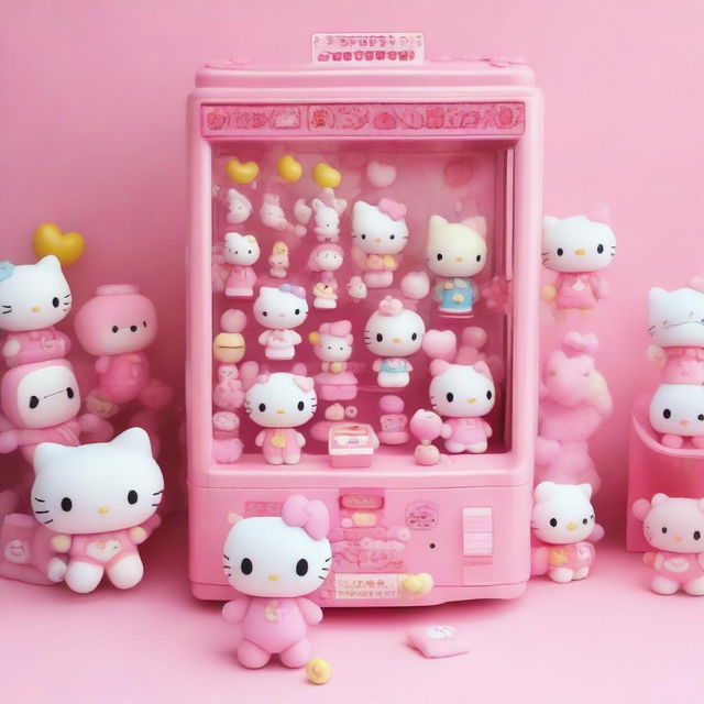 A pink kawaii claw machine filled with Sanrio characters like Hello Kitty, My Melody, and Cinnamoroll