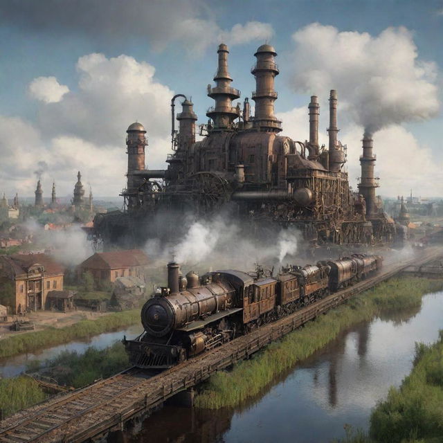 A riveting depiction of Belarus with a steampunk makeover, showcasing Minsk cityscape interwoven with ironworks and steam-powered innovations, the Polesian wetlands inhabited by mechanical wildlife, and the countryside enhanced with steam-driven agritech.