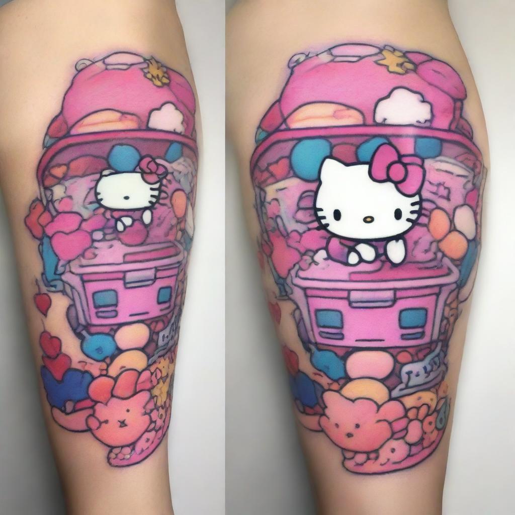 A tattoo-style design of a pink kawaii claw machine filled with Sanrio characters like Hello Kitty, My Melody, and Cinnamoroll