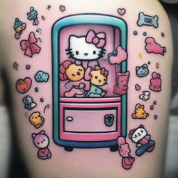 A tattoo-style design of a pink kawaii claw machine filled with Sanrio characters like Hello Kitty, My Melody, and Cinnamoroll