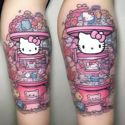 A tattoo-style design of a pink kawaii claw machine filled with Sanrio characters like Hello Kitty, My Melody, and Cinnamoroll