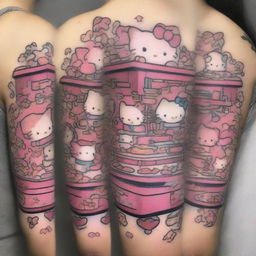 A tattoo-style design of a pink kawaii claw machine filled with Sanrio characters like Hello Kitty, My Melody, and Cinnamoroll