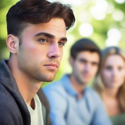 An up-close scene of a male onlooker who is watching his old girlfriend and her new boyfriend together in the distance