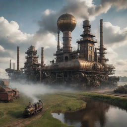 A riveting depiction of Belarus with a steampunk makeover, showcasing Minsk cityscape interwoven with ironworks and steam-powered innovations, the Polesian wetlands inhabited by mechanical wildlife, and the countryside enhanced with steam-driven agritech.