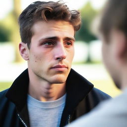 An up-close scene of a male onlooker who is watching his old girlfriend and her new boyfriend together in the distance