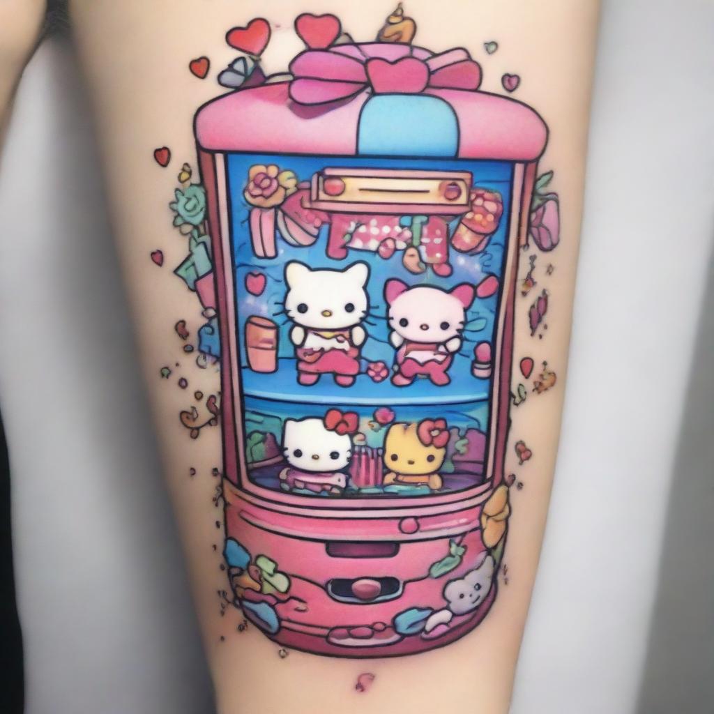 A tattoo-style design of a pink kawaii claw machine filled with Sanrio characters like Hello Kitty, My Melody, and Cinnamoroll, rendered in a neo-kawaii style