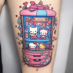 A tattoo-style design of a pink kawaii claw machine filled with Sanrio characters like Hello Kitty, My Melody, and Cinnamoroll, rendered in a neo-kawaii style