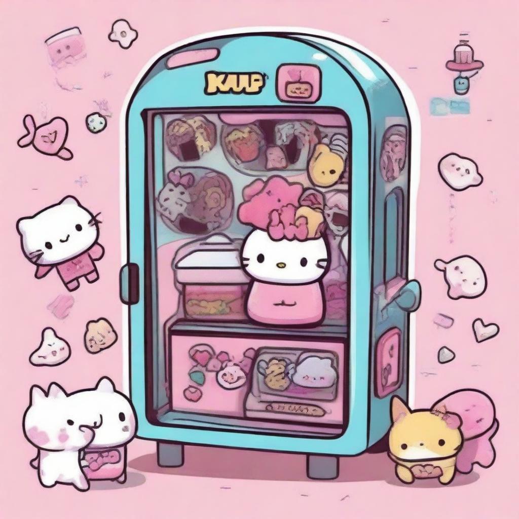 A tattoo-style design of a pink kawaii claw machine filled with Sanrio characters like Hello Kitty, My Melody, and Cinnamoroll, rendered in a neo-kawaii style