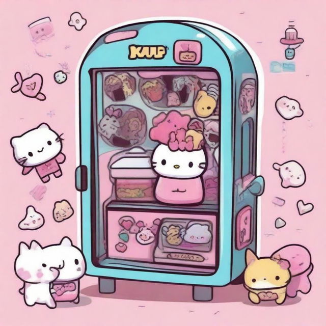 A tattoo-style design of a pink kawaii claw machine filled with Sanrio characters like Hello Kitty, My Melody, and Cinnamoroll, rendered in a neo-kawaii style