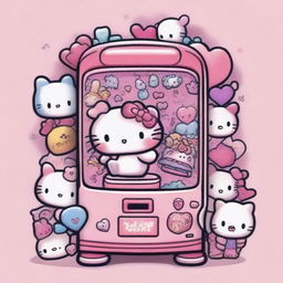 A tattoo-style design of a pink kawaii claw machine filled with Sanrio characters like Hello Kitty, My Melody, and Cinnamoroll, rendered in a neo-kawaii style