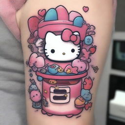 A tattoo-style design of a pink kawaii claw machine filled with Sanrio characters like Hello Kitty, My Melody, and Cinnamoroll, rendered in a neo-kawaii style