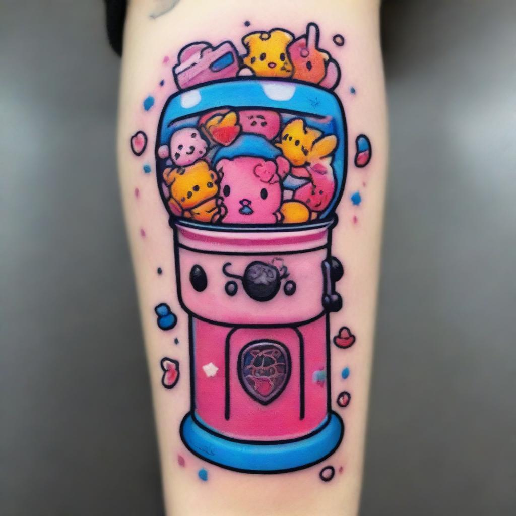 A tattoo-style design of a pink kawaii gumball machine filled with Sanrio characters like Hello Kitty, My Melody, and Cinnamoroll, rendered in vibrant neon colors