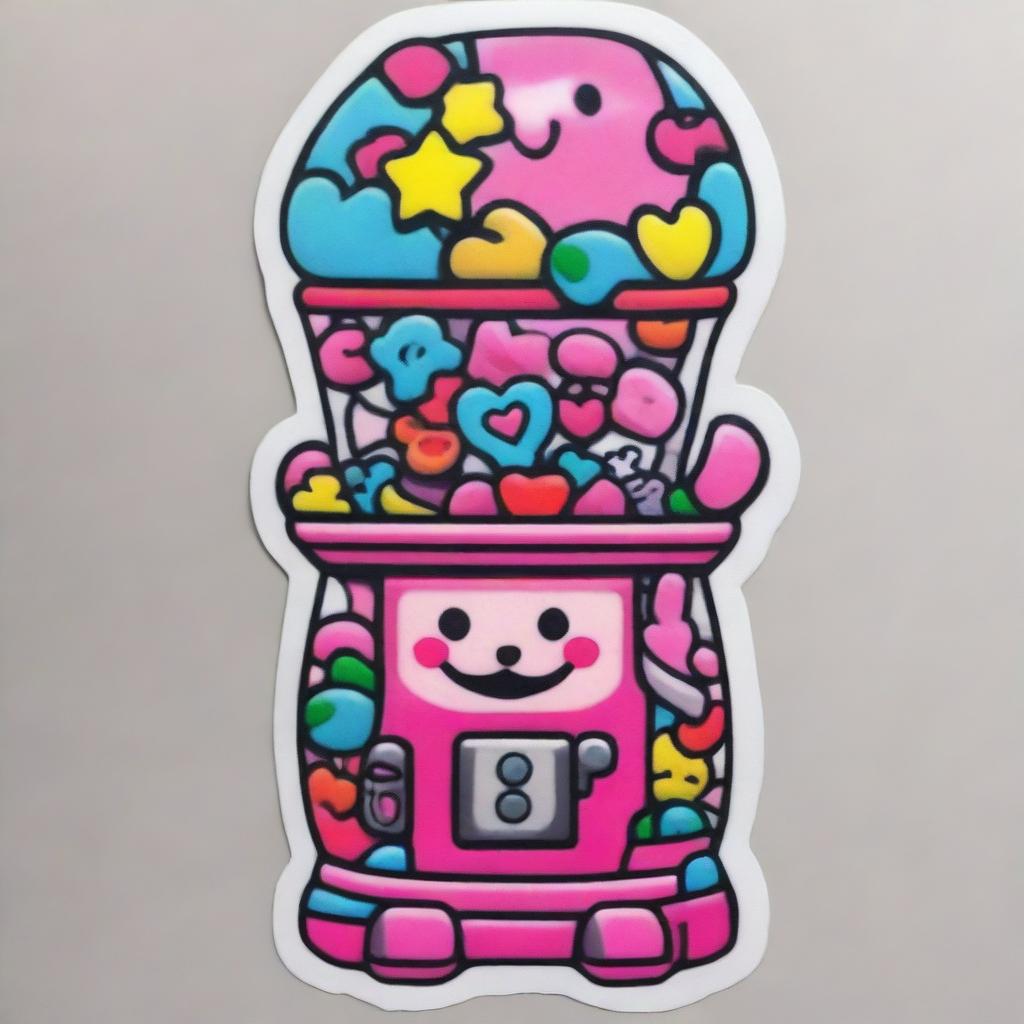 A tattoo-style design of a pink kawaii gumball machine filled with Sanrio characters like Hello Kitty, My Melody, and Cinnamoroll, rendered in vibrant neon colors