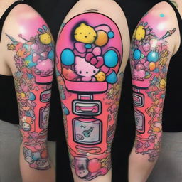 A tattoo-style design of a pink kawaii gumball machine filled with Sanrio characters like Hello Kitty, My Melody, and Cinnamoroll, rendered in vibrant neon colors