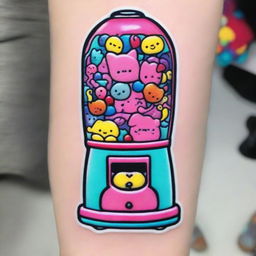 A tattoo-style design of a pink kawaii gumball machine filled with Sanrio characters like Hello Kitty, My Melody, and Cinnamoroll, rendered in vibrant neon colors