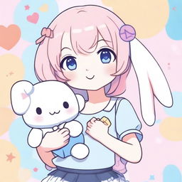 A cute kawaii anime girl posing with a peace sign and holding a plush Cinnamoroll in her other hand