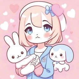 A cute kawaii anime girl posing with a peace sign and holding a plush Cinnamoroll in her other hand