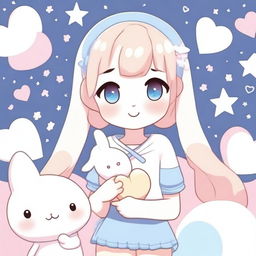 A cute kawaii anime girl posing with a peace sign and holding a plush Cinnamoroll in her other hand