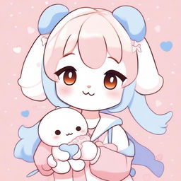 A cute kawaii anime girl posing with a peace sign and holding a plush Cinnamoroll in her other hand