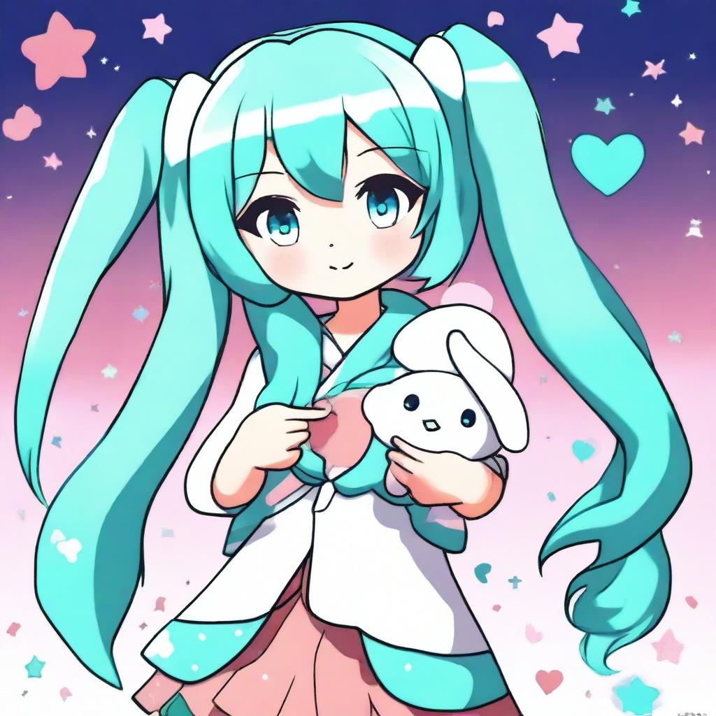 An eclectic anime girl posing with a peace sign and holding a plush Cinnamoroll in her other hand, rendered with a Hatsune Miku color palette