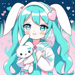 An eclectic anime girl posing with a peace sign and holding a plush Cinnamoroll in her other hand, rendered with a Hatsune Miku color palette