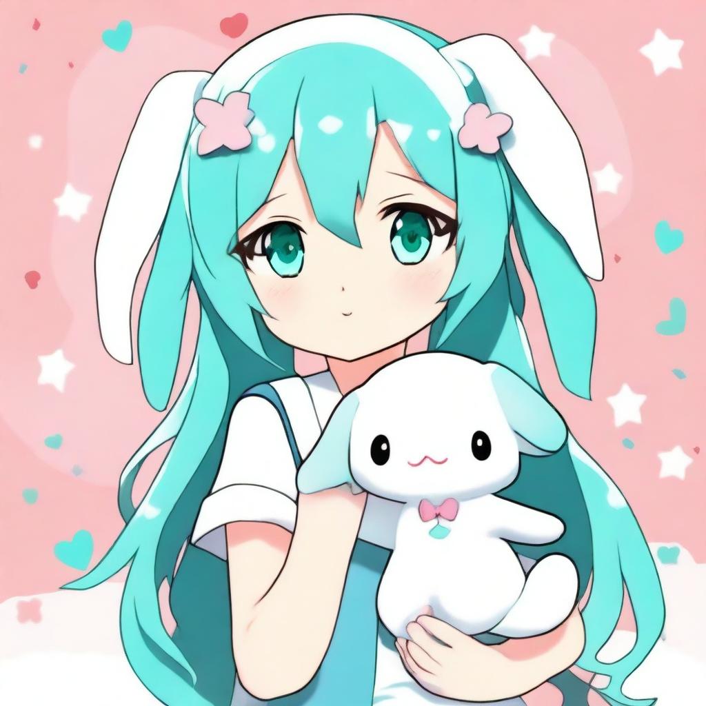 An eclectic anime girl posing with a peace sign and holding a plush Cinnamoroll in her other hand, rendered with a Hatsune Miku color palette