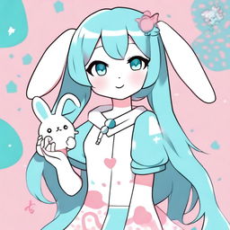 An eclectic anime girl posing with a peace sign and holding a plush Cinnamoroll in her other hand, rendered with a Hatsune Miku color palette