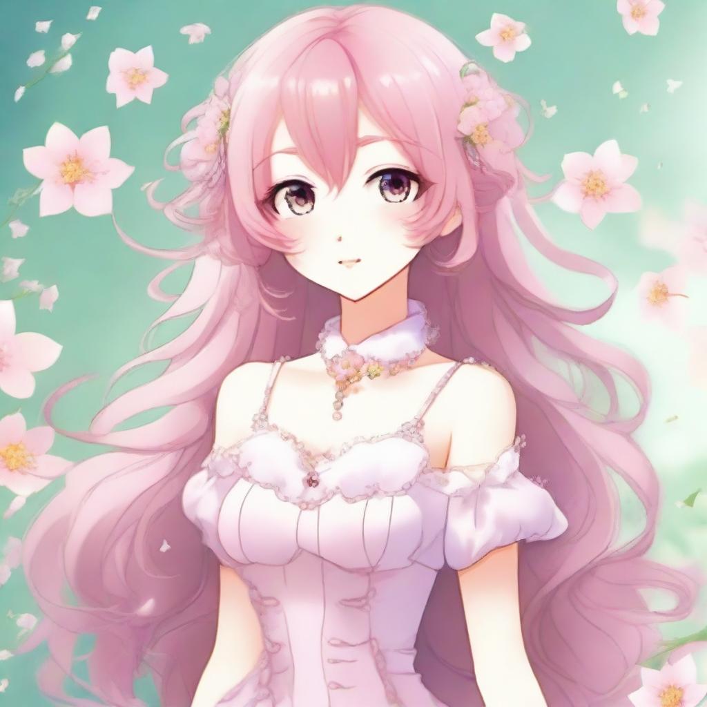 A beautiful anime girl with flowing pink hair, big sparkling eyes, and a gentle smile