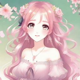 A beautiful anime girl with flowing pink hair, big sparkling eyes, and a gentle smile